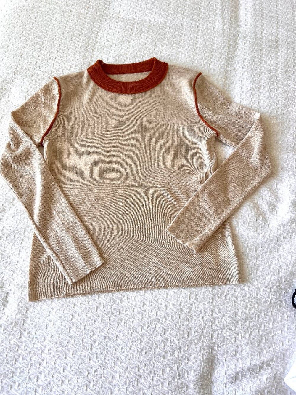 90's Cream & Rust Long Sleeve Stretch Shirt - Size Small